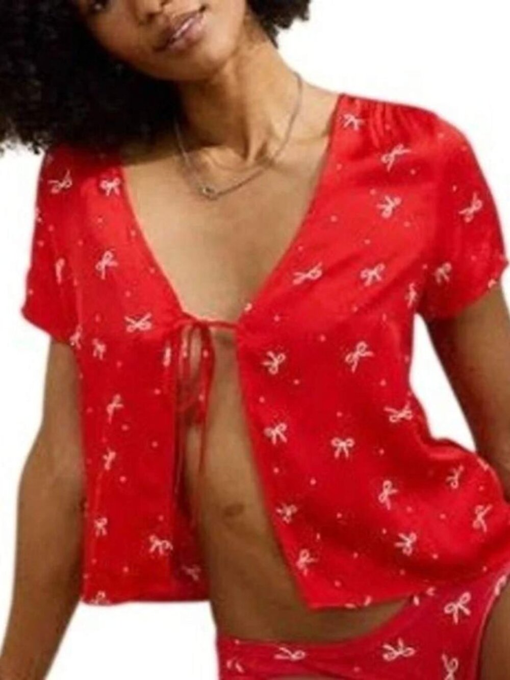NWT Aerie Satin Tie-Front Pajama Top XS Red Bow Print Loungewear Coquette Twee